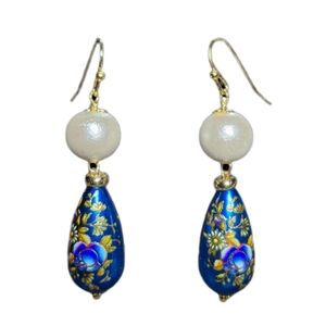 Artisan Blue and Gold Floral Print Cotton Pearl  Earrings
